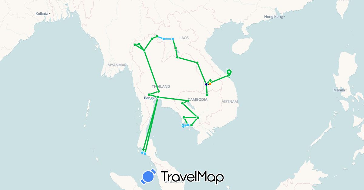 TravelMap itinerary: driving, bus, boat, hitchhiking in Cambodia, Laos, Thailand, Vietnam (Asia)